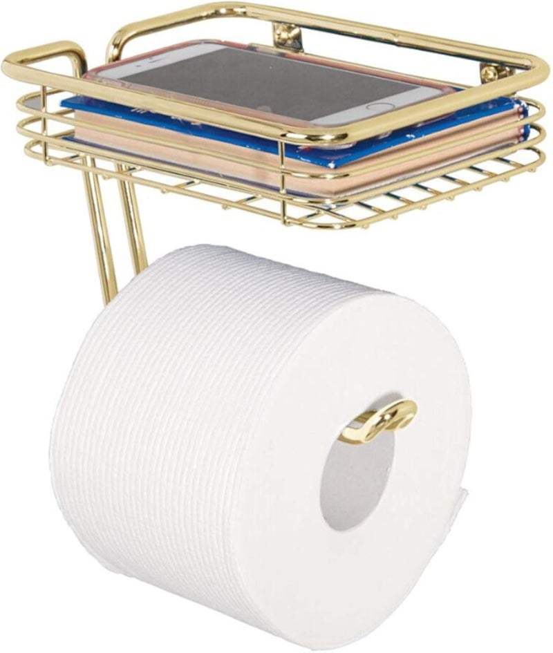 حامل وموزع ورق تواليت معدني يُثبت على الحائط من mDesign مع رف تخزين - يُثبت على الحائط، يحمل ويوزع لفة واحدة - نحاس ناعم